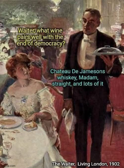 (An old painting of a woman in a restaurant with a waiter)  Waiter, what wine pairs well with the end of democracy? Tay Chateau De Jamesons whiskey, Madam, straight, and lots of it Mip.com The Waiter, Living London, 1902