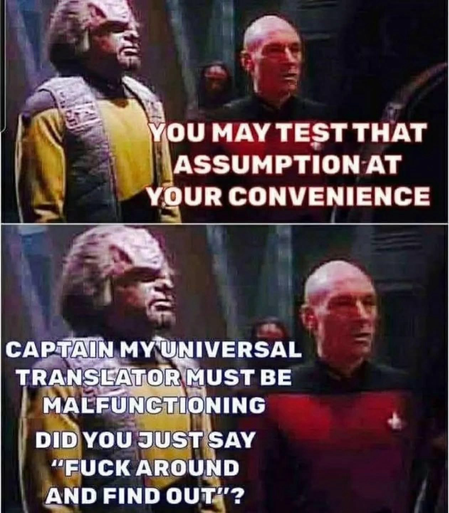 (Picard) YOU MAY TEST THAT ASSUMPTION AT YOUR CONVENIENCE (Worf) CAPTAIN MY UNIVERSAL TRANSLATOR MUST BE MALFUNCTIONING DID YOU JUST SAY "FUCK AROUND AND FIND OUT"?