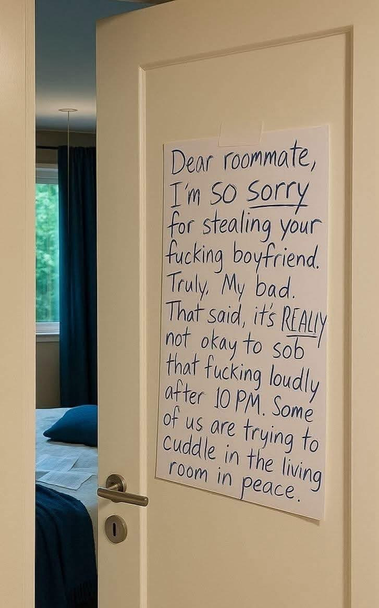 (Large hand written sign on a door)  Dear roommate, I'm SO sorry for stealing your fucking boyfriend. Truly, My bad. That said, it’s REALLY not okay to sob that fucking loudly after 10 PM. Some of us are trying to cuddle in the living room in peace.