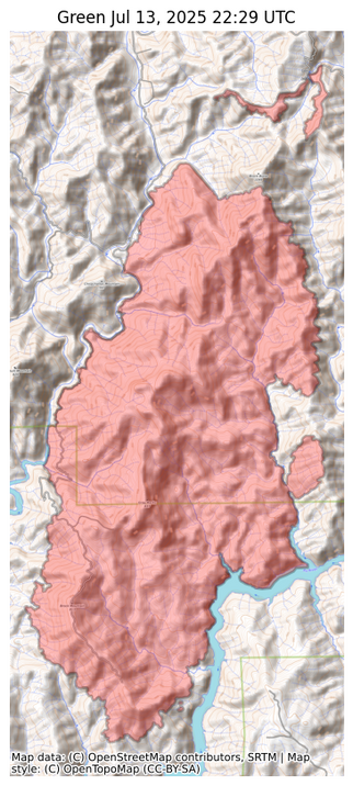 Visual map representation of the Green wildfire, showing the perimeters of the 11130.0 acre fire on a map.