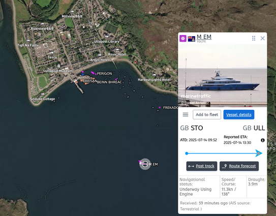 Marinetraffic.com screenshot showing Ullapool and its harbour with a yacht 'M EM' moored in the deeper water.
