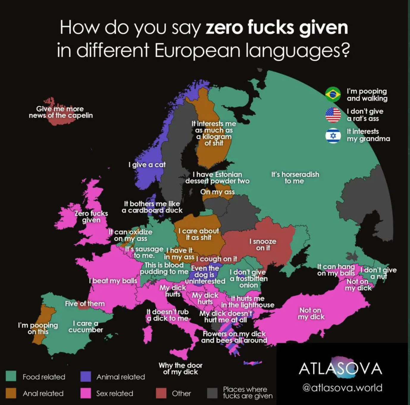 A map of europe, color coded by the way that a person would say ZERO FUCKS GIVEN (categories include food related, anal related, animal related, sex related, other, and places where fucks are given). Then it goes into greater detail with the specific phrases. It comes from a website called atlasova.world