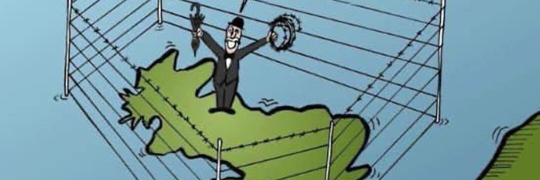 Cartoon showing the UK surrounded by barbed-wire since Brexit. 