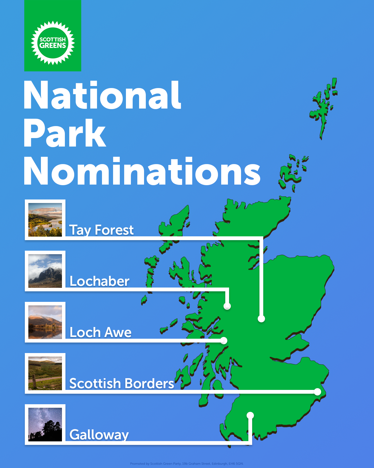 National Park nominations map showing Tay Forest, Lochaber, Loch Awe, Scotish Borders and Galloway.