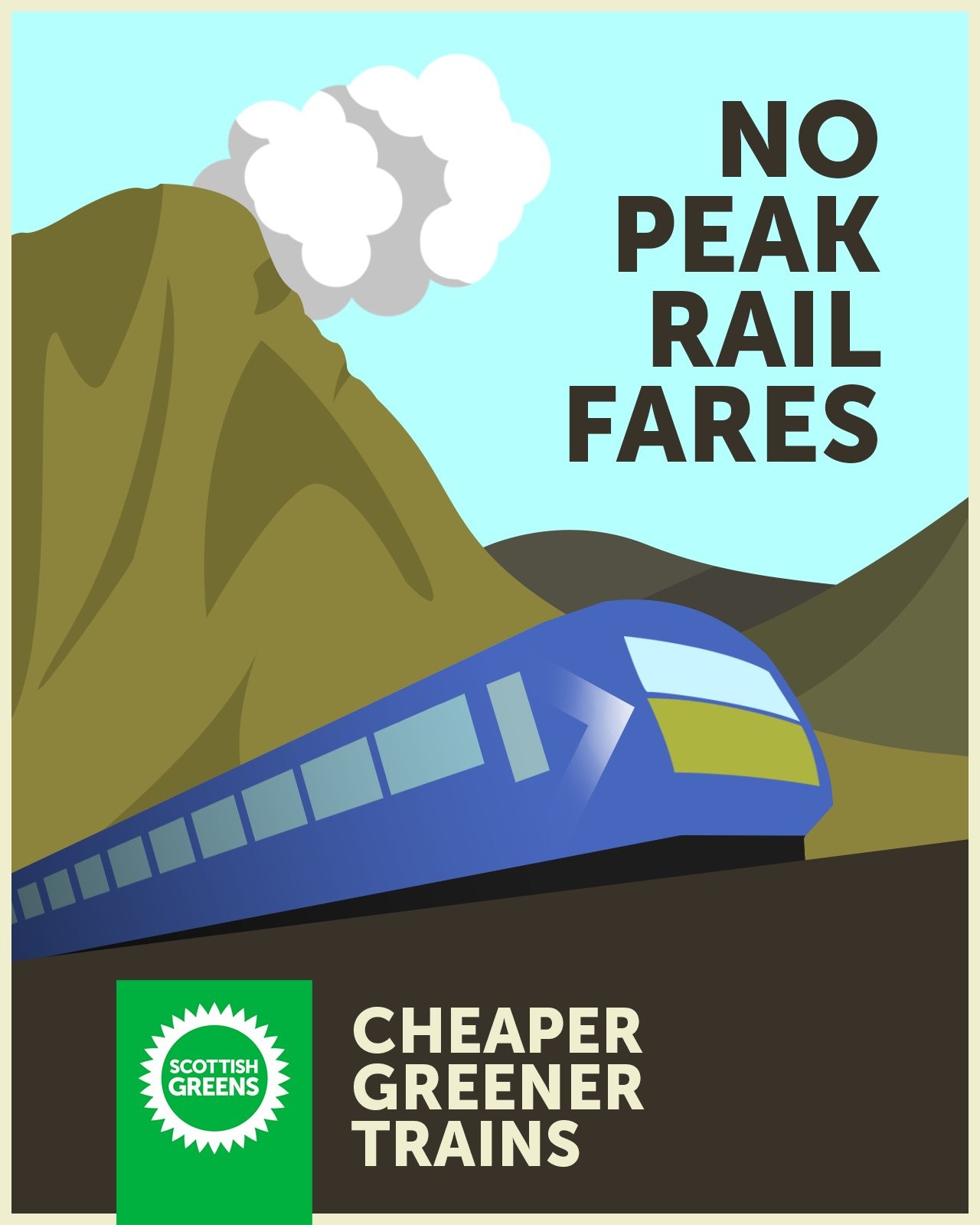 No peak rail fares from 2 October. Cheaper Greener Trains.
Under the text is a drawing of a Scotrail train travelling through the Highlands.