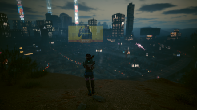 My Cyberpunk character, Vixen, looking over Night City. Beyond her, in middle distance, is a virtual billboard showing that I have now spent 800 hours in Night City.