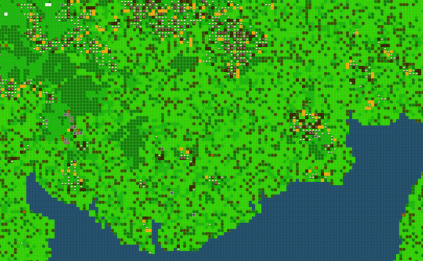 Part of a map of the Stewartry, two hundred simulated generations from the start of human settlement. High hills are still heavily forested, but there's masses of human settlement around Beeswing, Corsock, New Galloway and Creetown.
