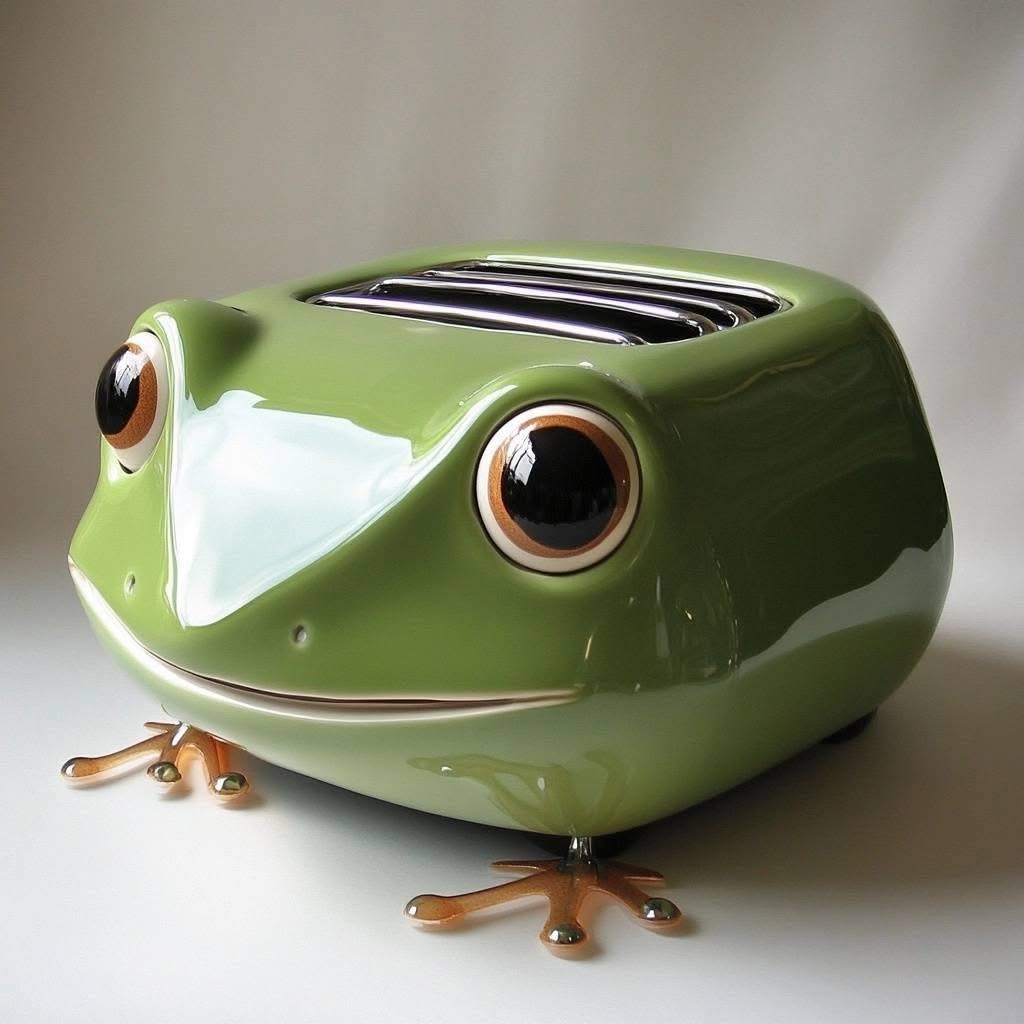A toaster in the shape of a large shiny green frog with red-ringed bulging black eyes.