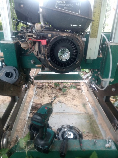 Motor with the recoil starter removed. To the left of the motor is the carburettor, below which is a red lever which operates both the fuel tap and the stop switch, which operates by shorting the coil.

Unfortunately the coil itself is inside the black cover, roughly behind the red lever...
