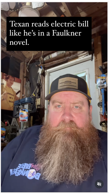 Screenshot from Instagram of Jerry Wayne Longmire, a man with a long ZZ Top-type beard, wearing a baseball cap, sitting in what looks like a messy shed. He is reacting, in free verse, to having received his electricity bill after having used his air conditioner.