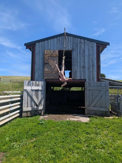 Me hanging by one foot from the crane on the front of my cattle shed. The scene is in bright sunlight; the grass is intensely green, the front of the building is in shadow.