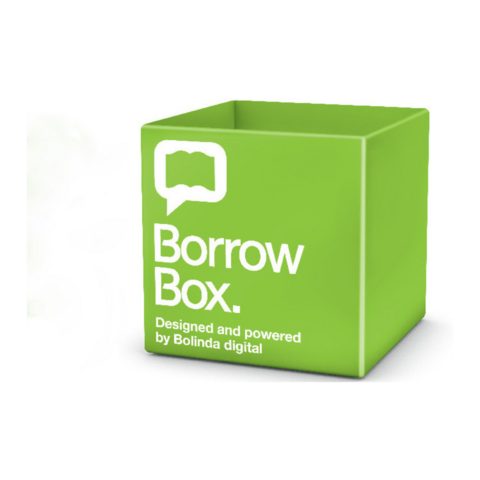 BorrowBox logo - a graphic of a bright, fresh green colour open box on a white background with the Borrow Box logo and name on it.