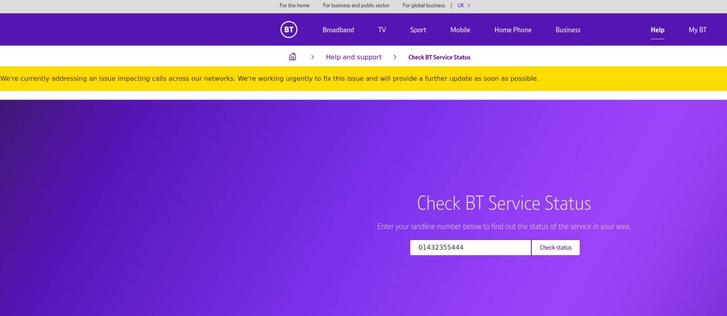 Error page on BT's website warning that some customers are having problems.