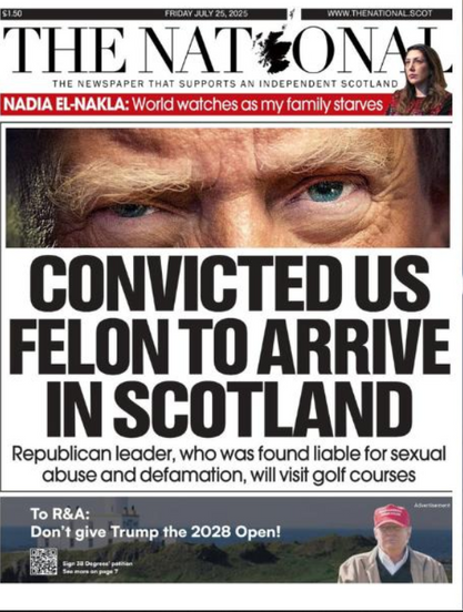 The National's front page today, showing a picture of President Bawbag's eyes, and the headline "Convicted US felon to arrive in Scotland"