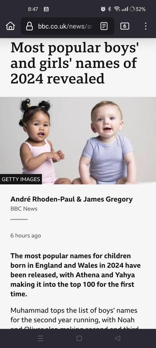 Screenshot of article about children's names, with a photo of two babies and underneath the journos' names, which makes it look like they're the babies.