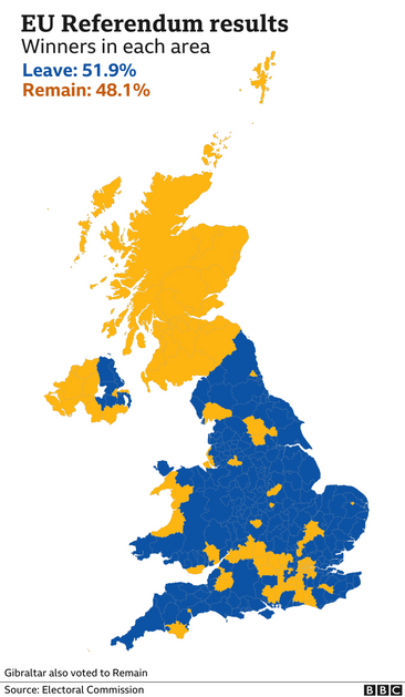 Map of how the UK voted in the EU referendum. Scotland voted to remain.