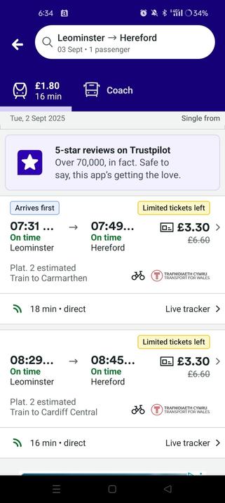 Screenshot of train times