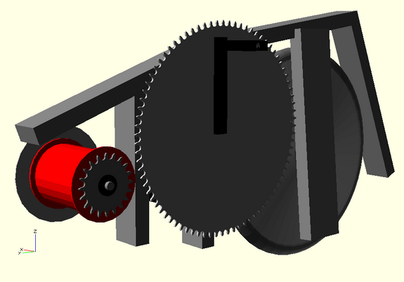 A CAD visualisation as described in the body of the post. Most of the structure is coloured grey, to represent aluminium tubes. The cranks and pedals, and the tyre on the wheel, are coloured black. The epicyclic body is coloured red to represent a Rohloff, although for budgetary reasons it will probably end up being a Shimano Nexus 11.