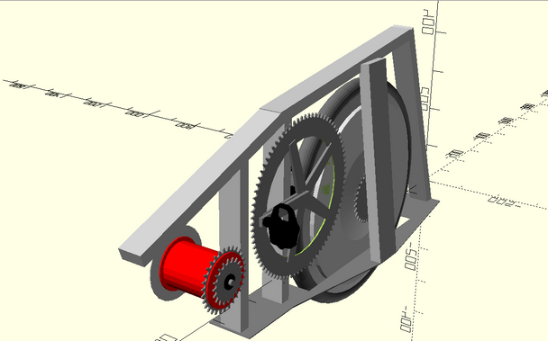 New Computer Aided Design rendering of the aluminium subframe, now with a flat mounting flange. It is a gangly collection of welded rectangular section aluminium extrusions, surrounding a wheel, a bicycle chainset with an enormous chain ring, and an epicyclic gearbox mounted in front of the chainset, and driving the wheel by way of a secondary chain. Both chains run on the left hand side of the drivetrain. 