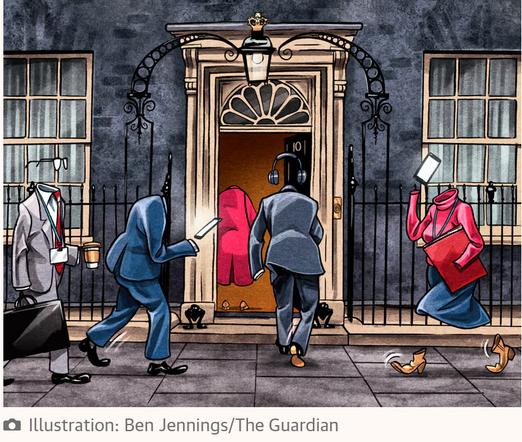 A sequence of animated outfits of empty garments, some suggesting male persons, some female, walking up the steps into Number Ten Downing Street.