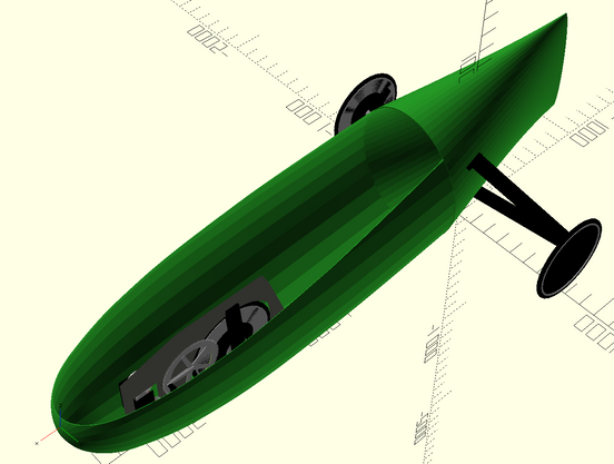 A rendering of the tricycle with the subframe inside a streamlined, teardrop-shaped green hull, and the four bar linkage holding the rear wheels embracing the tail of the hull.